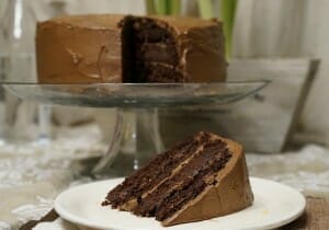 Chocolate cake on cake platter with slice on plate