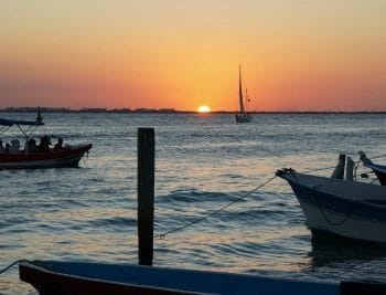 Sunset at lake pier