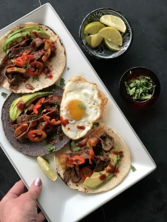 Steak and Egg Tacos Borrachos with Mezcal