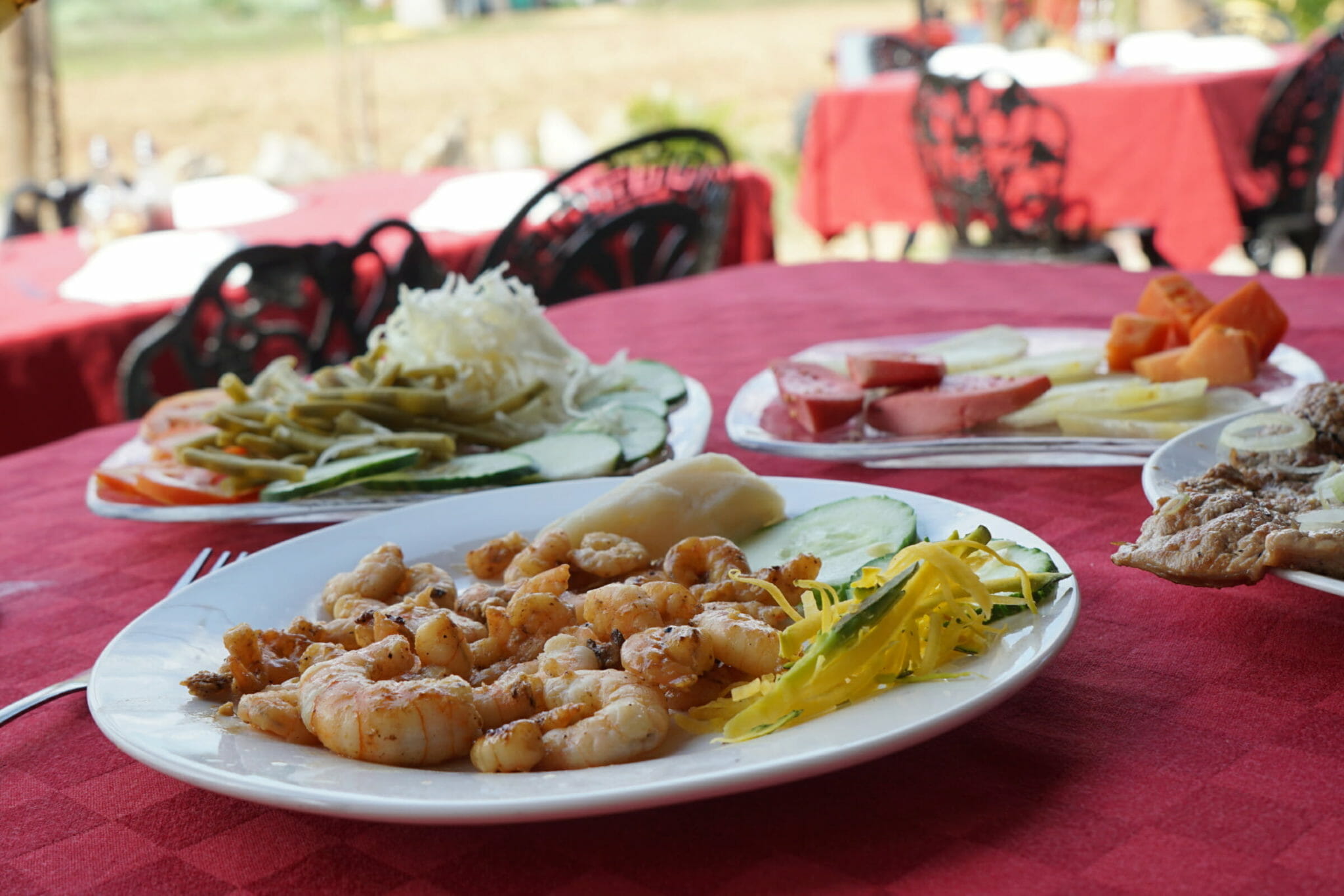 Plates of veggies and shrimp entree from Cuban food and culture tour