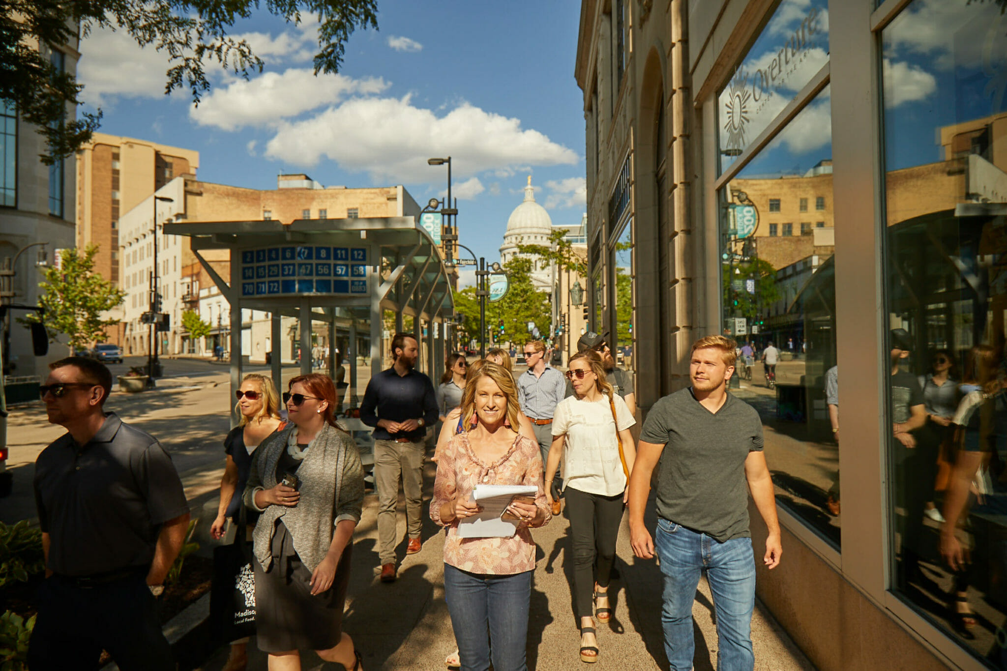 Otehlia Cassidy giving a food tour around the capitol square in Madison, Wisconsin