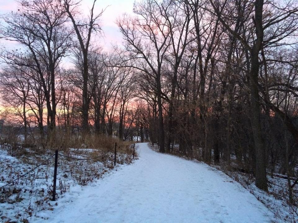 Winter trail to picnic point at sunset